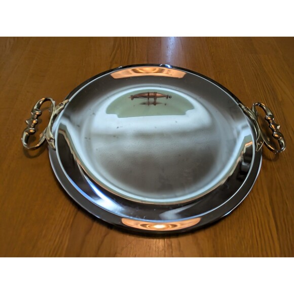 Vintage Kromex 13" Round Serving Tray Brass Handles Chrome Plated Platter - Picture 1 of 8